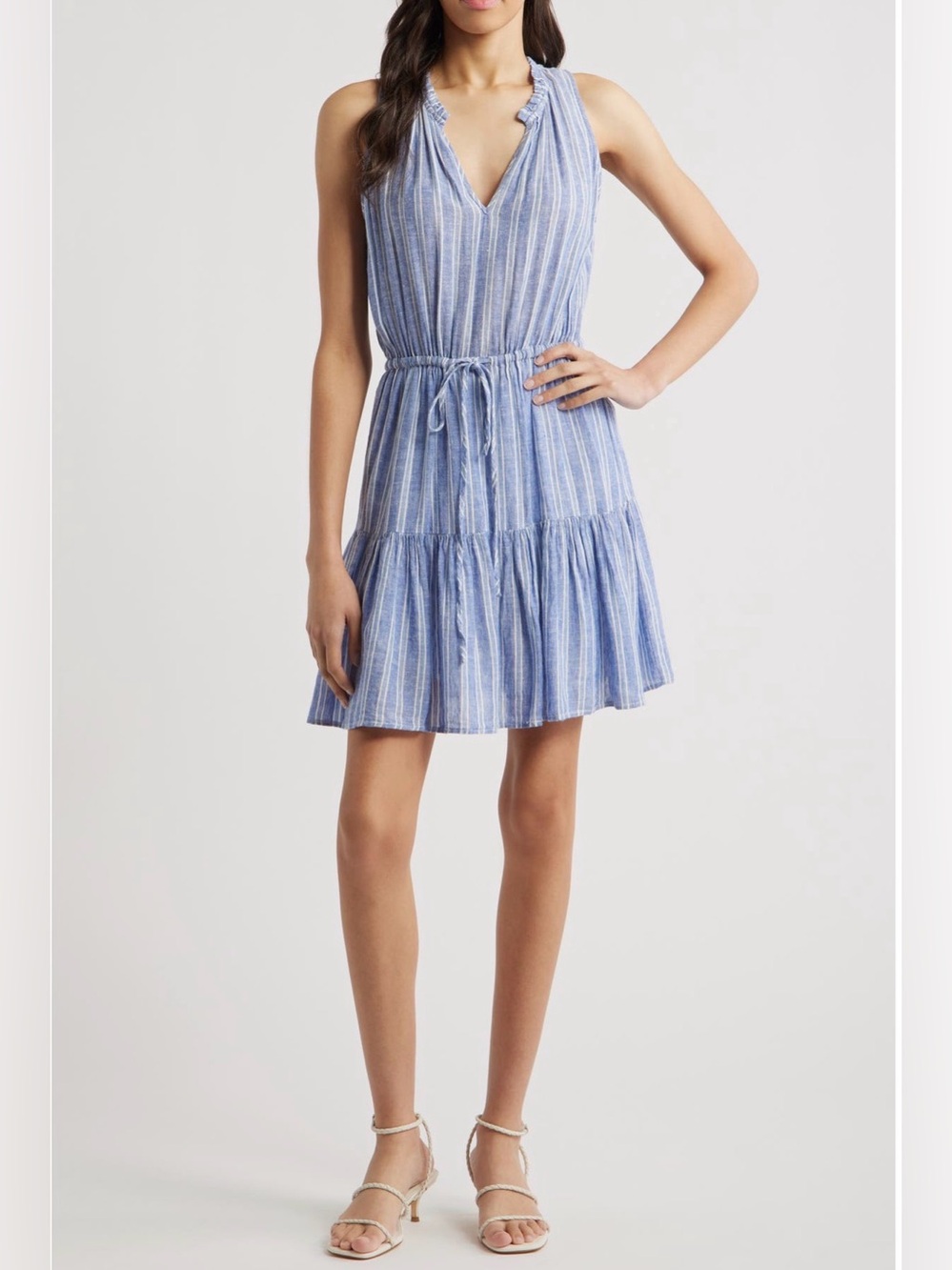 Rails Women’s Dress XL Blue White Striped Ruffle V-Neck Tiered Drawstring